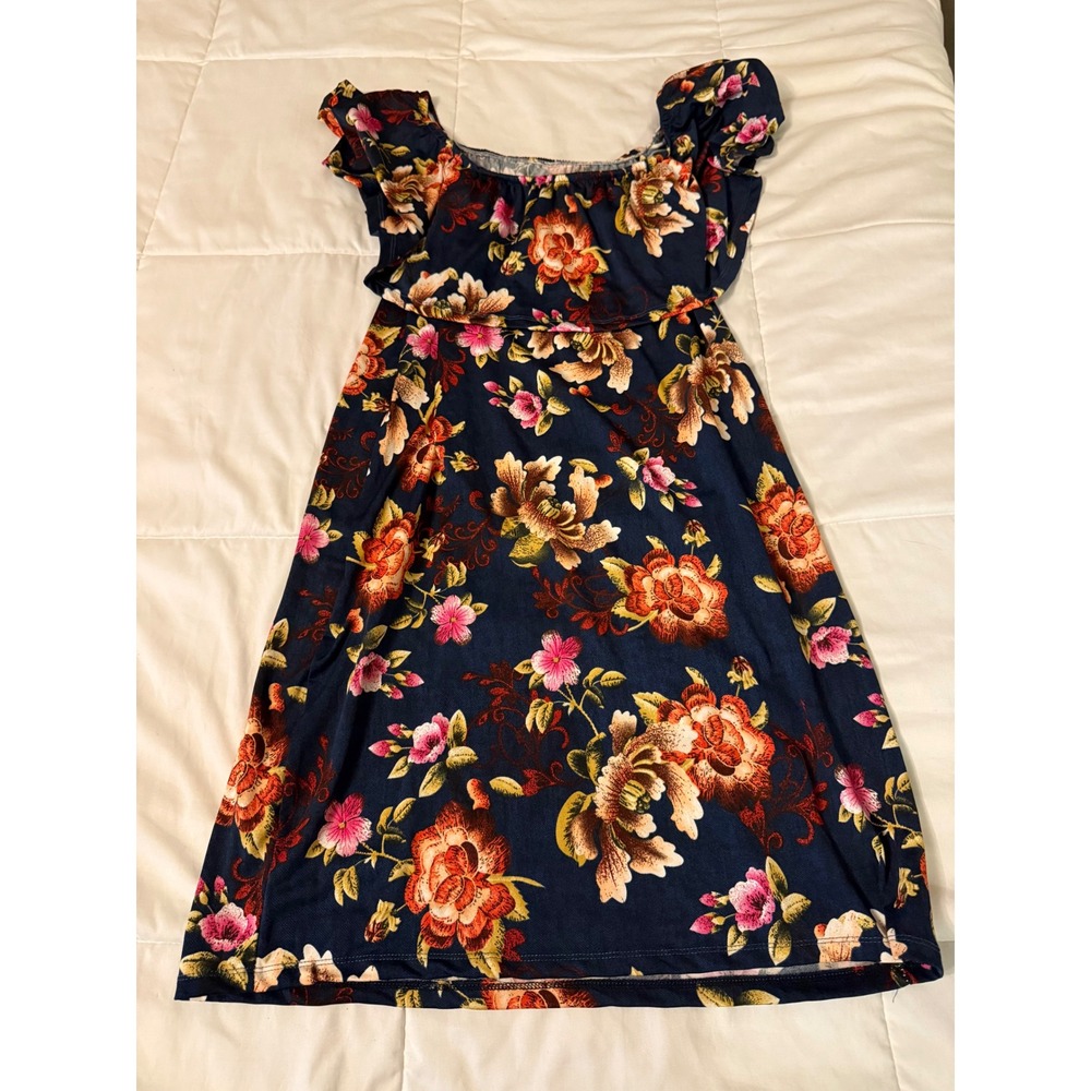 Floral Off The Shoulder Ruffle Mini Dress Navy Blue Boho Summer Sun Dress